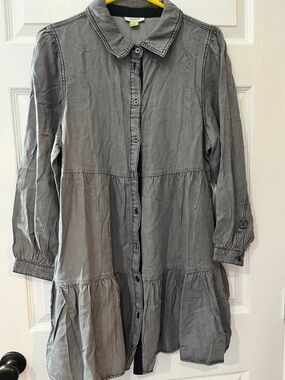 Serra Charcoal Gray Button-Down Tiered Long-Sleeve Dress